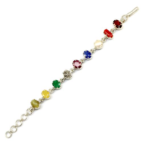 Navratna Sterling Silver Bracelet with all Nine Natural Gemstones for Navgraha Lab Certified Gm 44.69