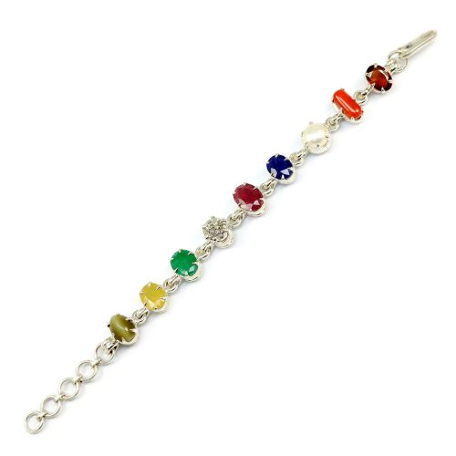 Navratna Sterling Silver Bracelet with all Nine Natural Gemstones for Navgraha Lab Certified Gm 44.16