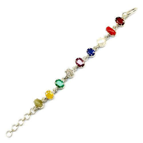 Navratna Sterling Silver Bracelet with all Nine Natural Gemstones for Navgraha Lab Certified Gm 44.49