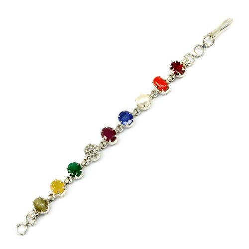 Navratna Sterling Silver Bracelet with all Nine Natural Gemstones for Navgraha Lab Certified Gm 42.73