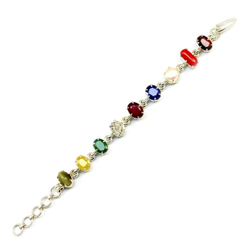 Navratna Sterling Silver Bracelet with all Nine Natural Gemstones for Navgraha Lab Certified Gm 44.58