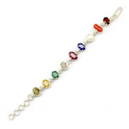 Navratna Sterling Silver Bracelet with all Nine Natural Gemstones for Navgraha Lab Certified 44.43gm