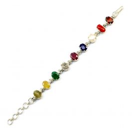 Navratna Sterling Silver Bracelet with all Nine Natural Gemstones for Navgraha Lab Certified 43.92gm