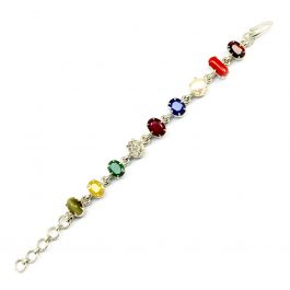 Navratna Sterling Silver Bracelet with all Nine Natural Gemstones for Navgraha Lab Certified 44.58gm